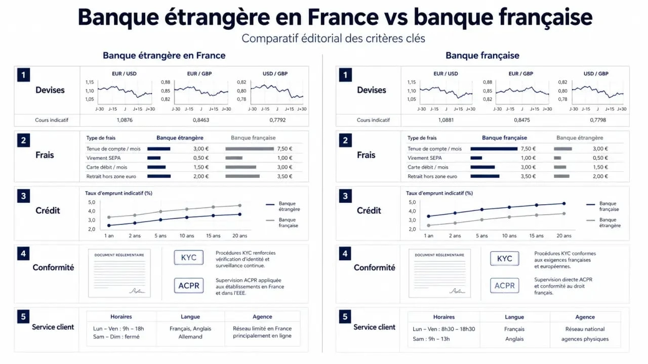 Banque etrangere en France : comparatif visuel des avantages, frais et conditions face à une banque française