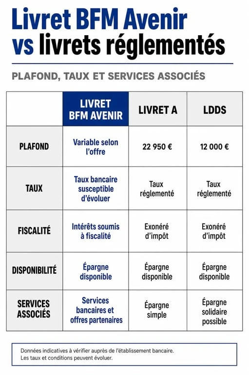 Tableau comparatif des caractéristiques du Livret BFM Avenir face au Livret A et LDDS pour les agents du secteur public