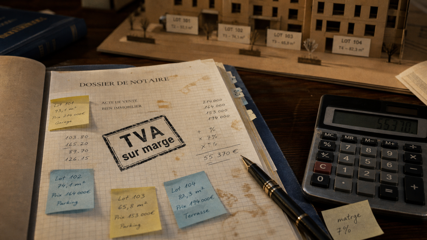 Marchand de bien fiscalité : TVA sur marge et requalification, dossier notaire et calculs.