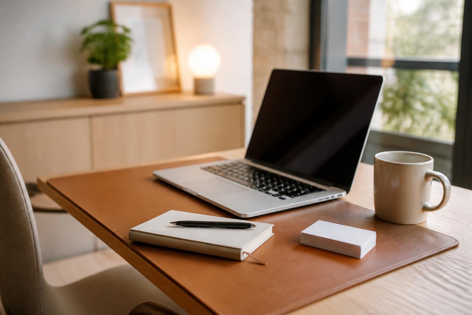 Bureau d'un indépendant avec ordinateur portable, carnet et cartes de visite vierges