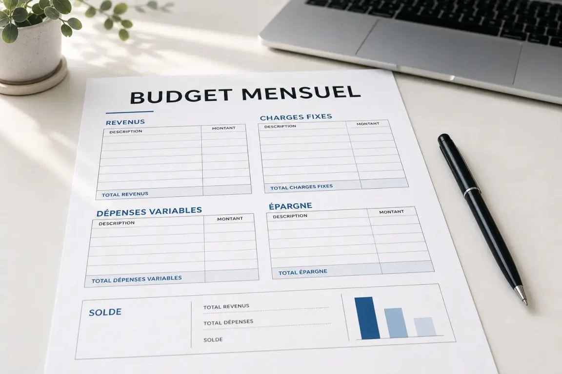 Feuille de budget mensuel vierge gratuit avec cases pour revenus, charges fixes, dépenses variables, épargne et solde