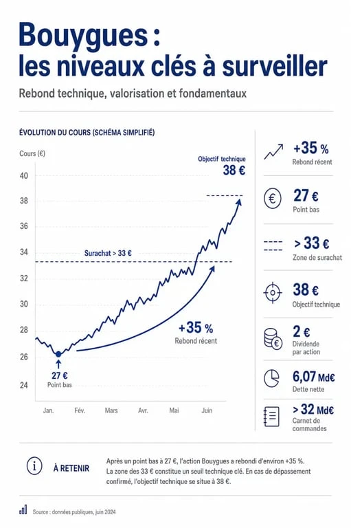 Faut il acheter des actions Bouygues : infographie des chiffres clés, dividende de 2 €, dette nette et potentiel de cours