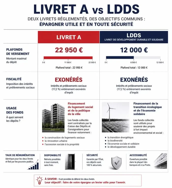 Infographie comparative des caractéristiques du Livret A et du LDDS pour l'épargne de précaution