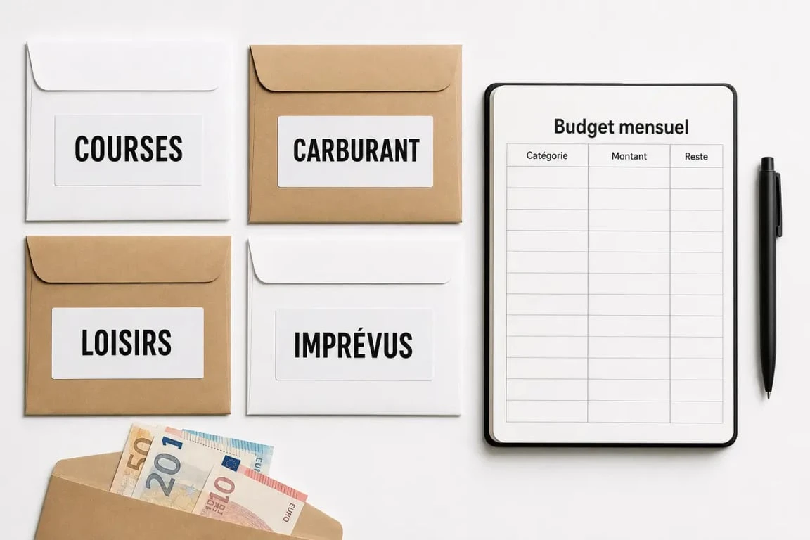 Modèle d’enveloppe budget à imprimer avec catégories de dépenses sur un bureau
