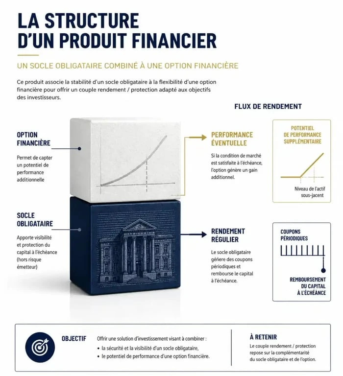 Schéma explicatif du fonctionnement d'un produit structuré combinant obligation et instruments dérivés