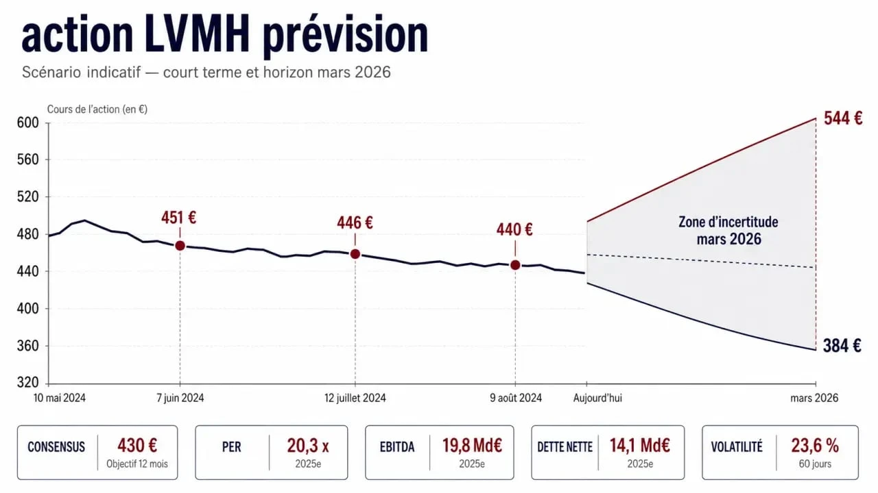 Action LVMH prévision : infographie des fourchettes de cours et des scénarios de marché