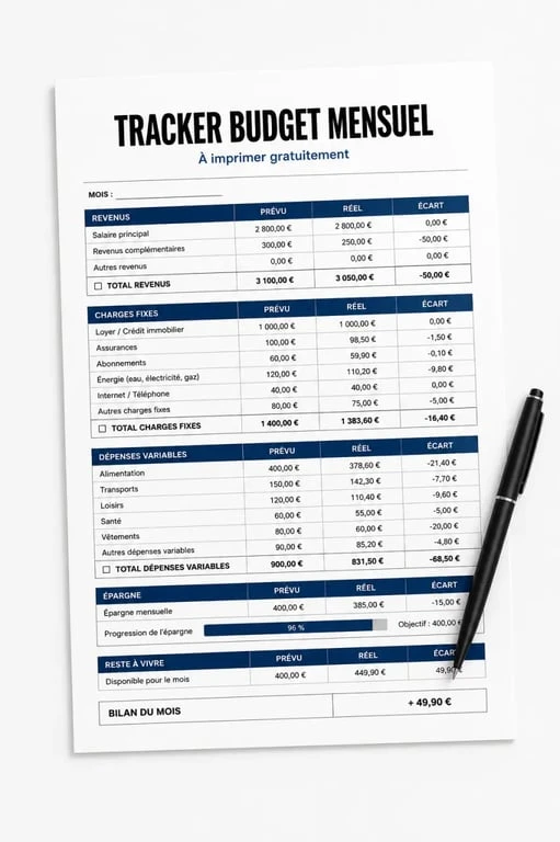 Tracker budget à imprimer gratuit sur feuille A4 avec suivi mensuel, revenus, dépenses et épargne
