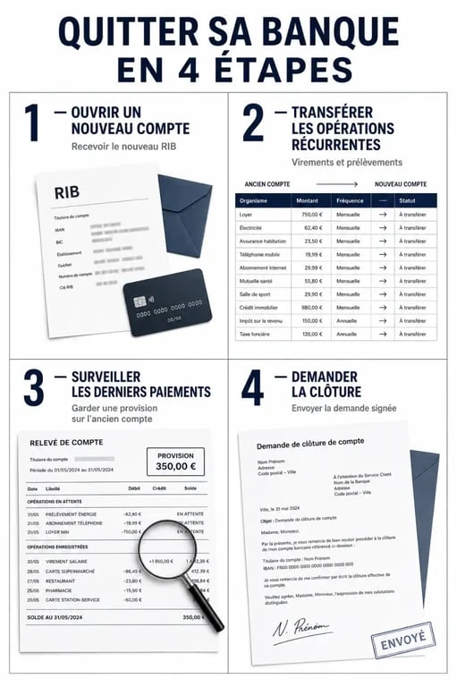 Illustration séquentielle de comment quitter sa banque avec ouverture d’un nouveau compte, transfert des opérations puis clôture de l’ancien compte