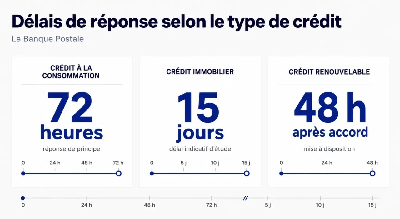Combien de temps pour reponse credit banque postale : comparaison visuelle des délais pour crédit à la consommation, immobilier et renouvelable