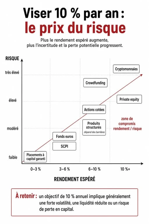 Infographie placement 10 par an : rendement, risque et liquidité des principaux placements