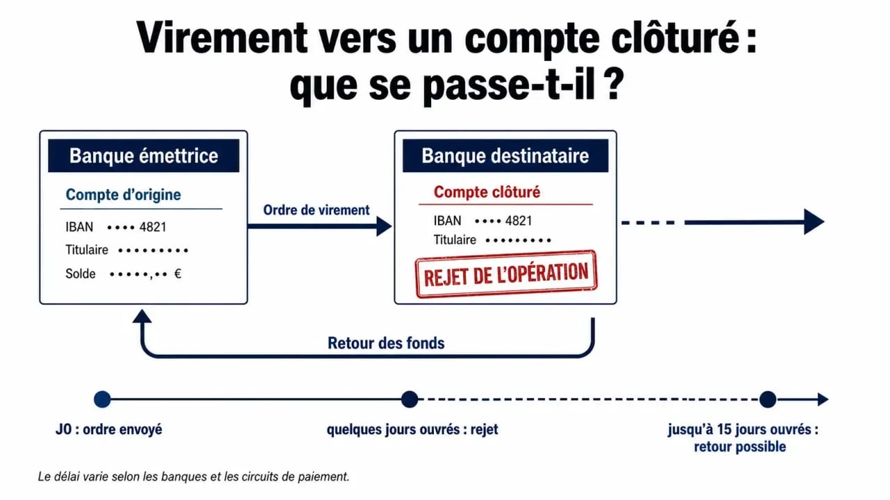 Délai retour virement compte clôturé : schéma du rejet et du retour des fonds vers le compte émetteur