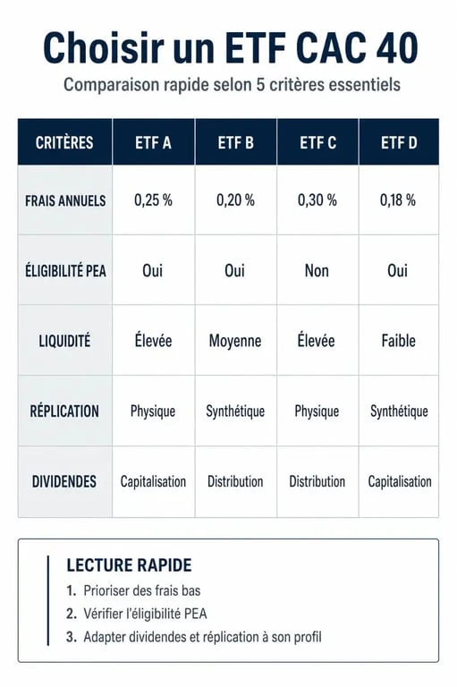 Comparaison des meilleurs ETF CAC 40 selon frais, PEA, liquidité et réplication