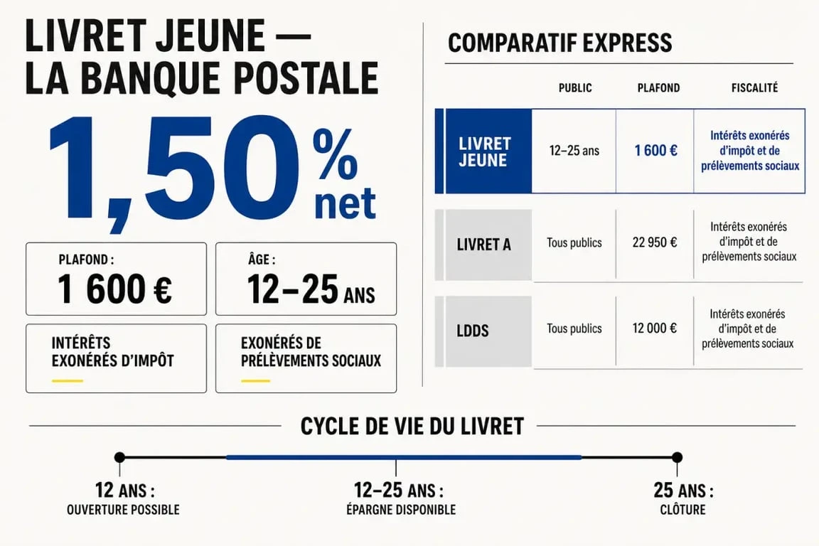 Livret jeune taux la banque postale : visualisation des taux, du plafond de 1 600 € et de la fiscalité