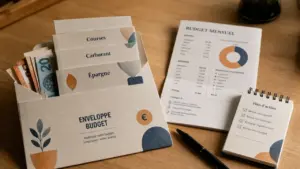 Enveloppe budget à imprimer ouverte sur bureau, étiquettes Courses, Carburant, Épargne