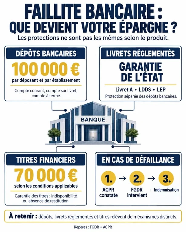 Infographie sur la faillite banque et les plafonds de garantie des dépôts, livrets réglementés et titres financiers