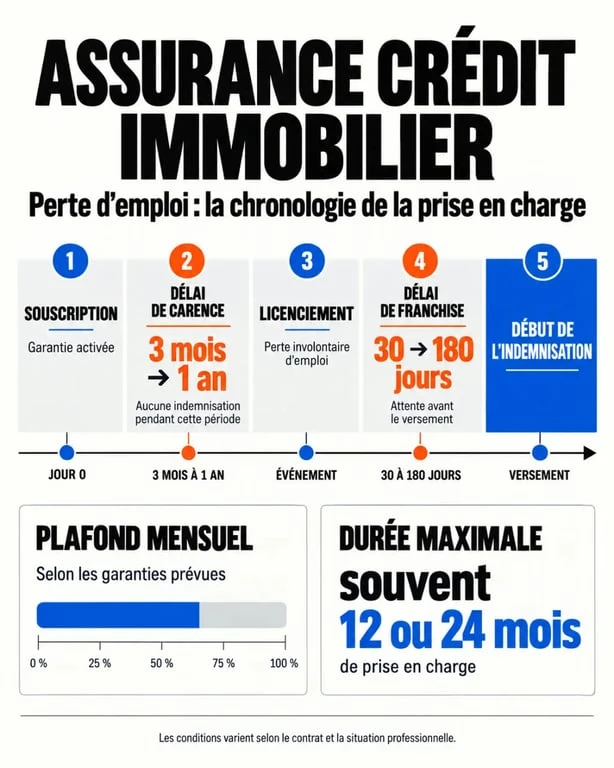 Infographie sur l’assurance crédit immobilier perte d’emploi avec carence, franchise et durée d’indemnisation