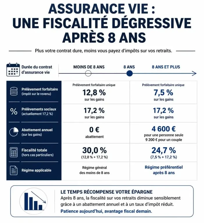 Infographie sur la fiscalité de l'assurance vie et les avantages après 8 ans
