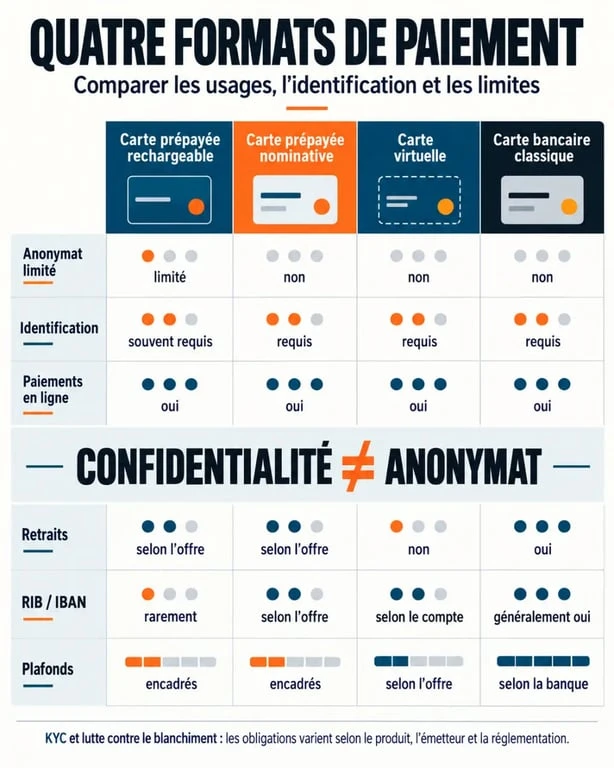 Infographie sur les différences entre carte bancaire anonyme, carte prépayée nominative et carte virtuelle