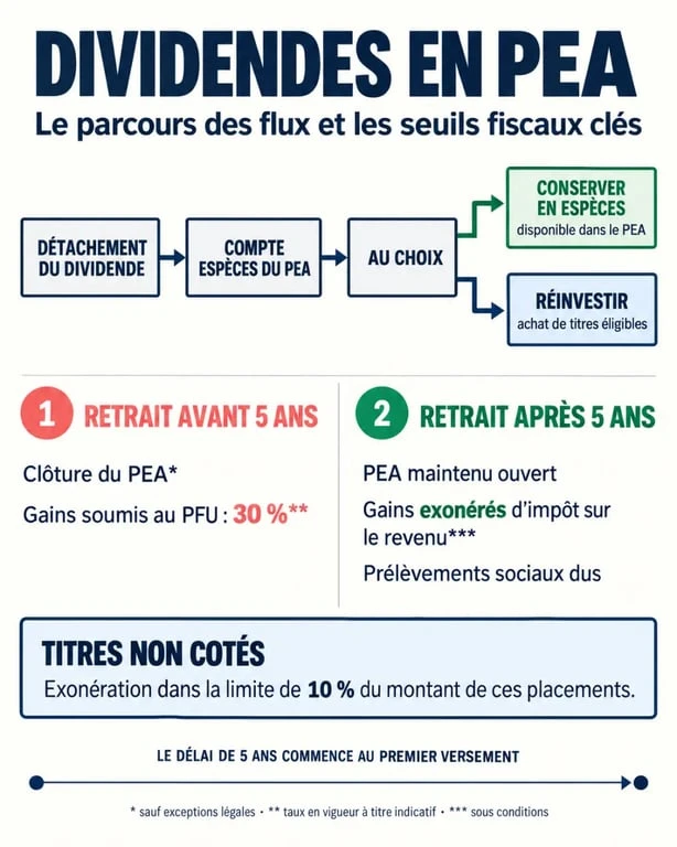 Infographie sur les pea dividendes, leur réinvestissement et la fiscalité avant ou après 5 ans