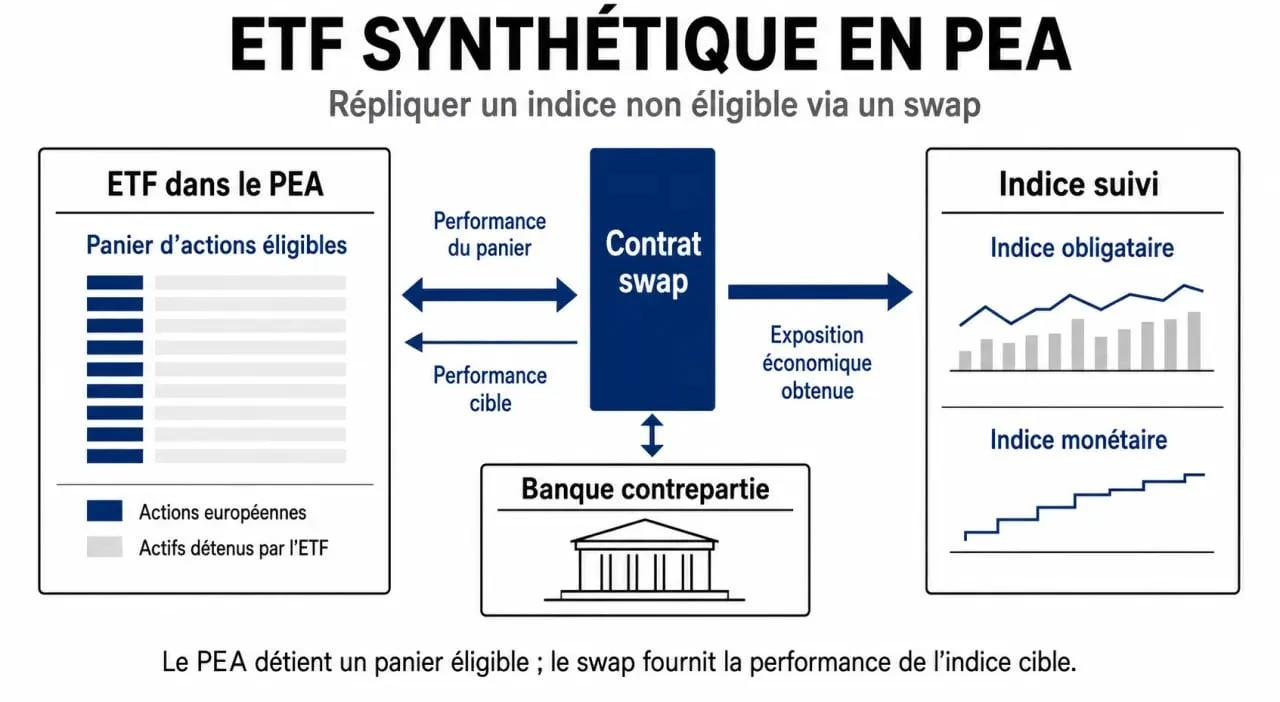 Obligations PEA : schéma simple d’un ETF synthétique et du swap dans un PEA