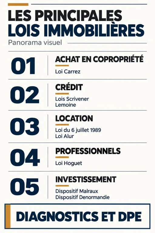 Infographie sur les principales lois immobilières en France : achat, location, crédit, diagnostics et investissement