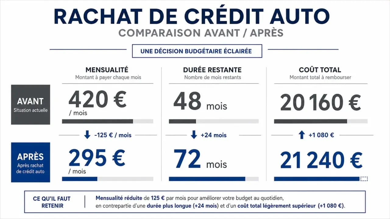 Rachat de crédit auto : comparaison avant et après sur mensualité, durée et coût total