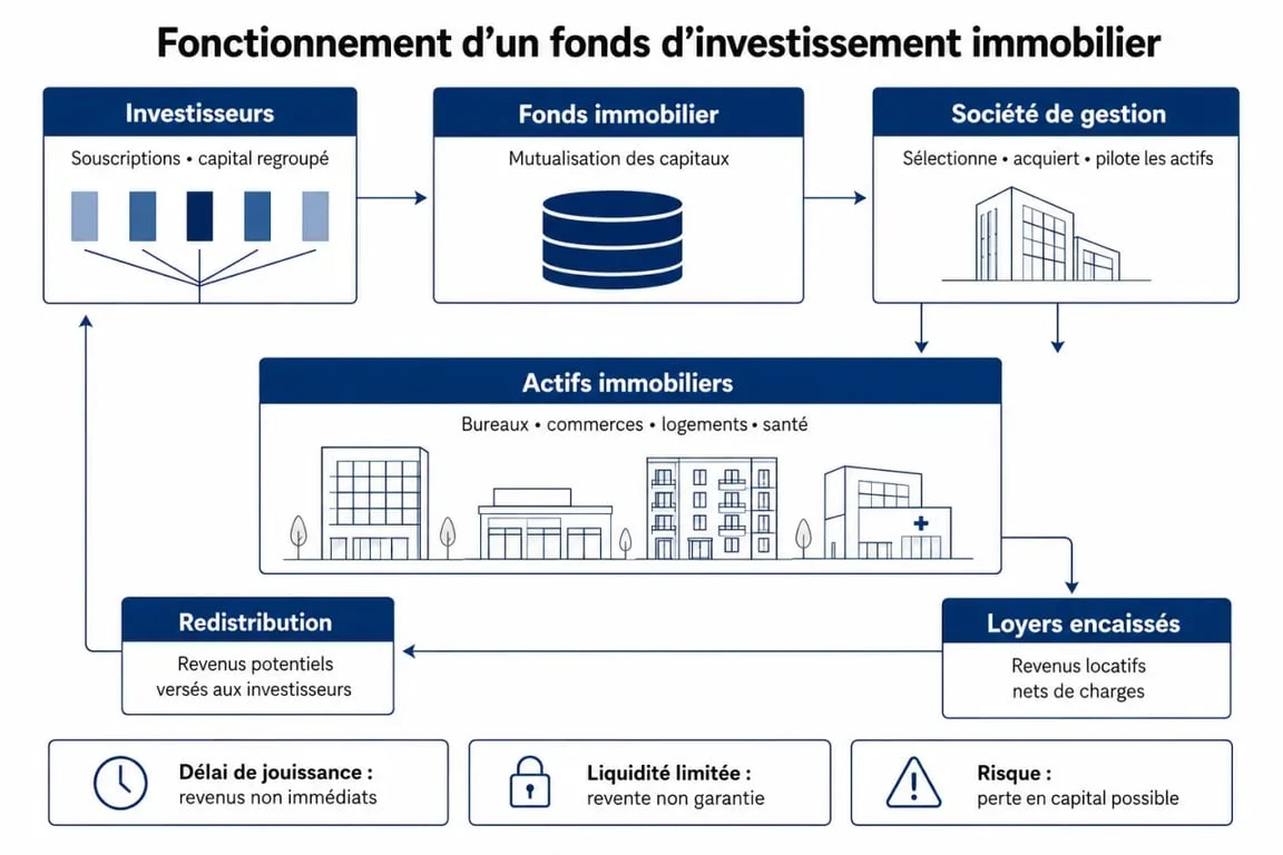 Fond d investissement immobilier : schéma du fonctionnement entre investisseurs, société de gestion et revenus
