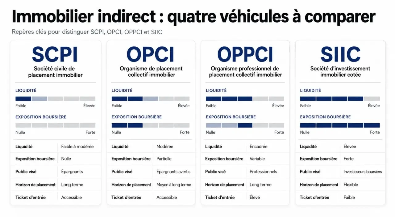 Fond d investissement immobilier : comparatif visuel entre SCPI, OPCI, OPPCI et SIIC