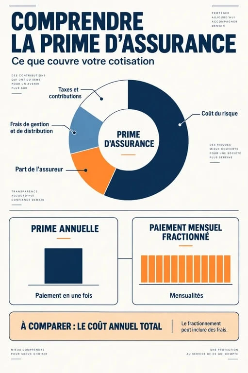 Infographie sur la composition d’une prime d’assurance et la différence entre paiement annuel et mensualités