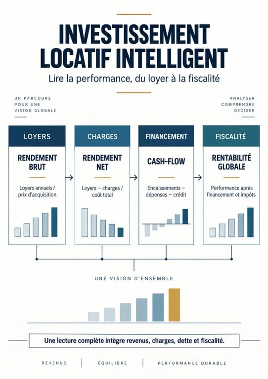 Infographie sur l’investissement immobilier locatif intelligent et les indicateurs de rentabilité