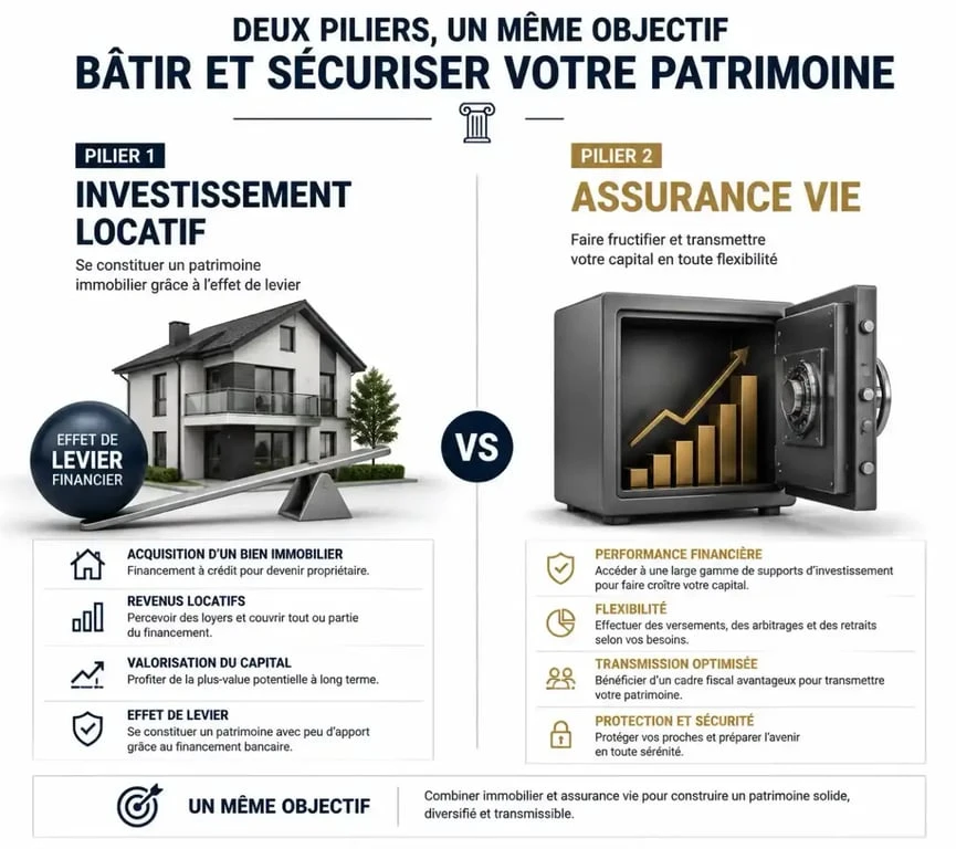Infographie comparative entre investissement locatif et assurance vie pour la gestion de patrimoine