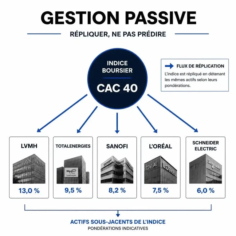 Schéma explicatif du fonctionnement d'un fonds indiciel et de la gestion passive