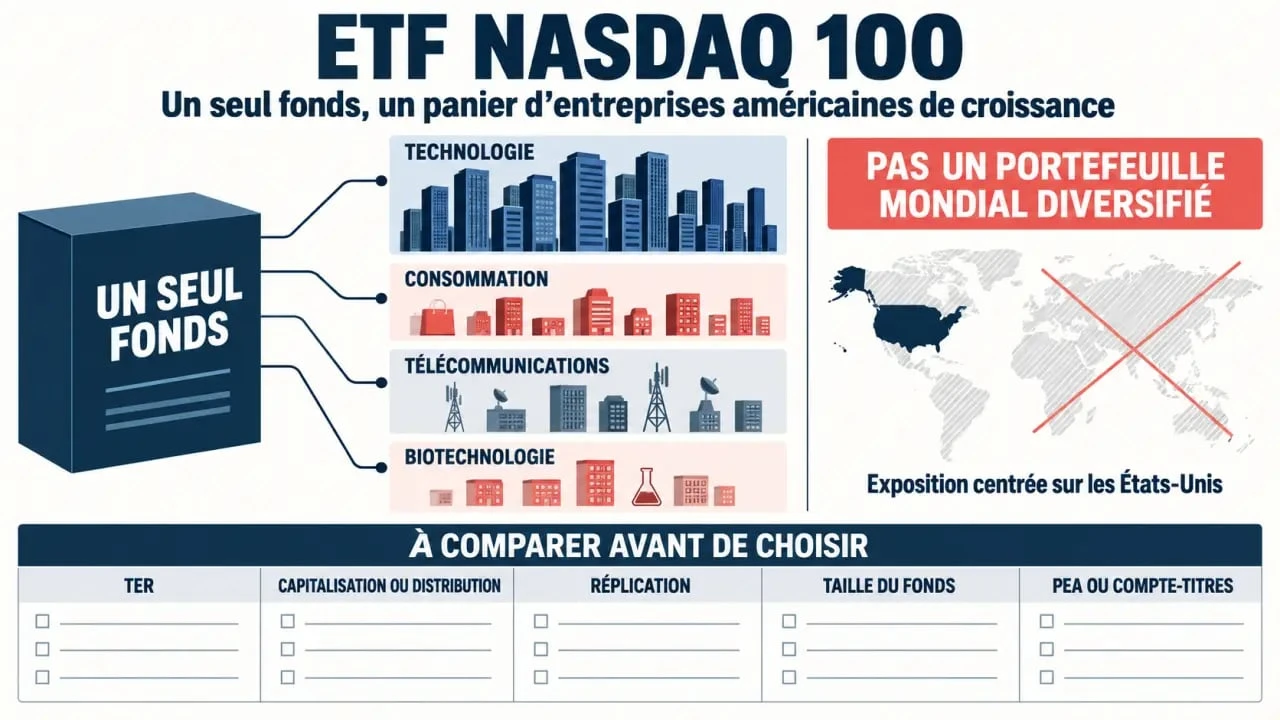 Infographie pédagogique sur un ETF Nasdaq 100, sa concentration sectorielle et les critères de comparaison