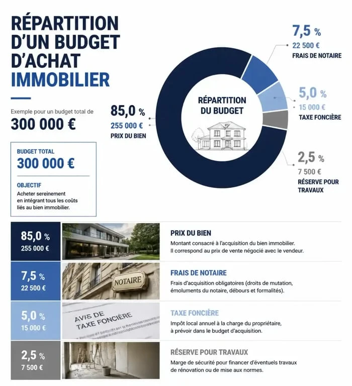 Répartition d'un budget pour un achat immobilier incluant les frais de notaire et travaux