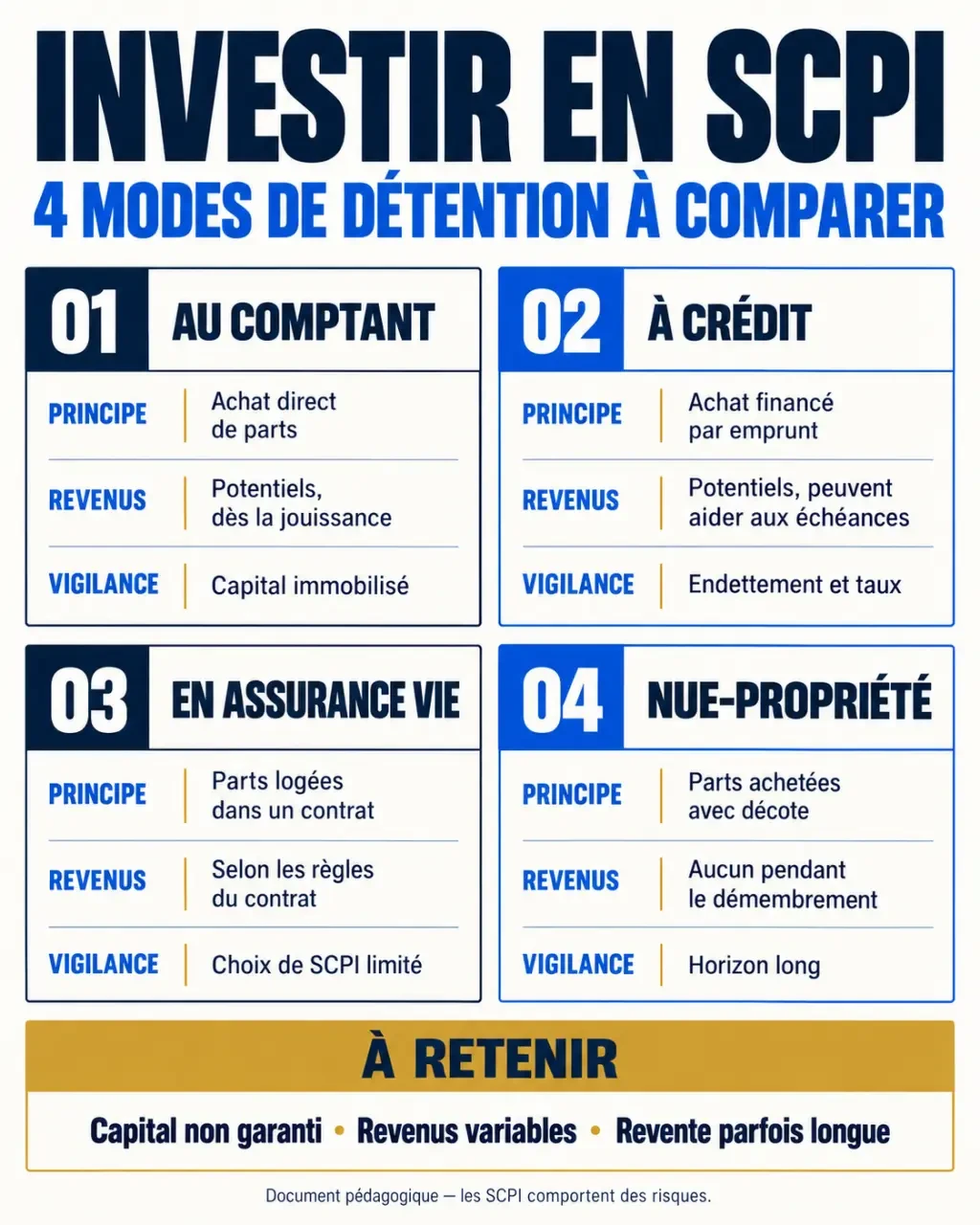 Infographie pour investir en SCPI : comptant, crédit, assurance vie et nue-propriété