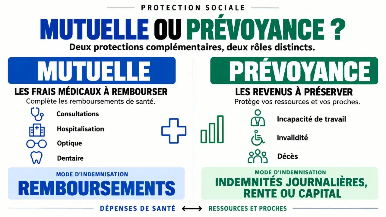 Infographie comparative sur la mutuelle et la prévoyance, entre remboursements de santé et protection des revenus