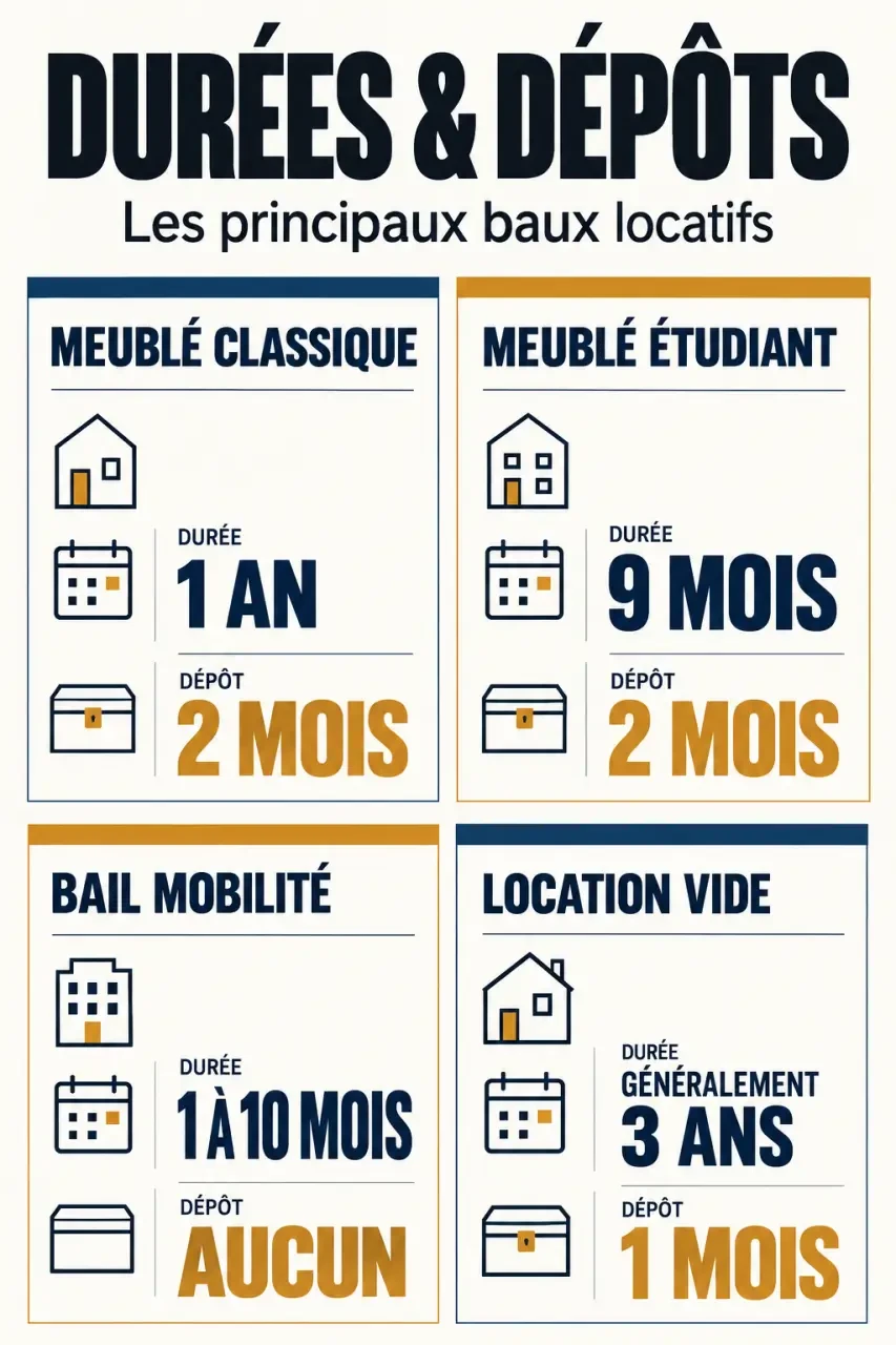 Location meublée : comparaison des durées et dépôts de garantie selon le contrat
